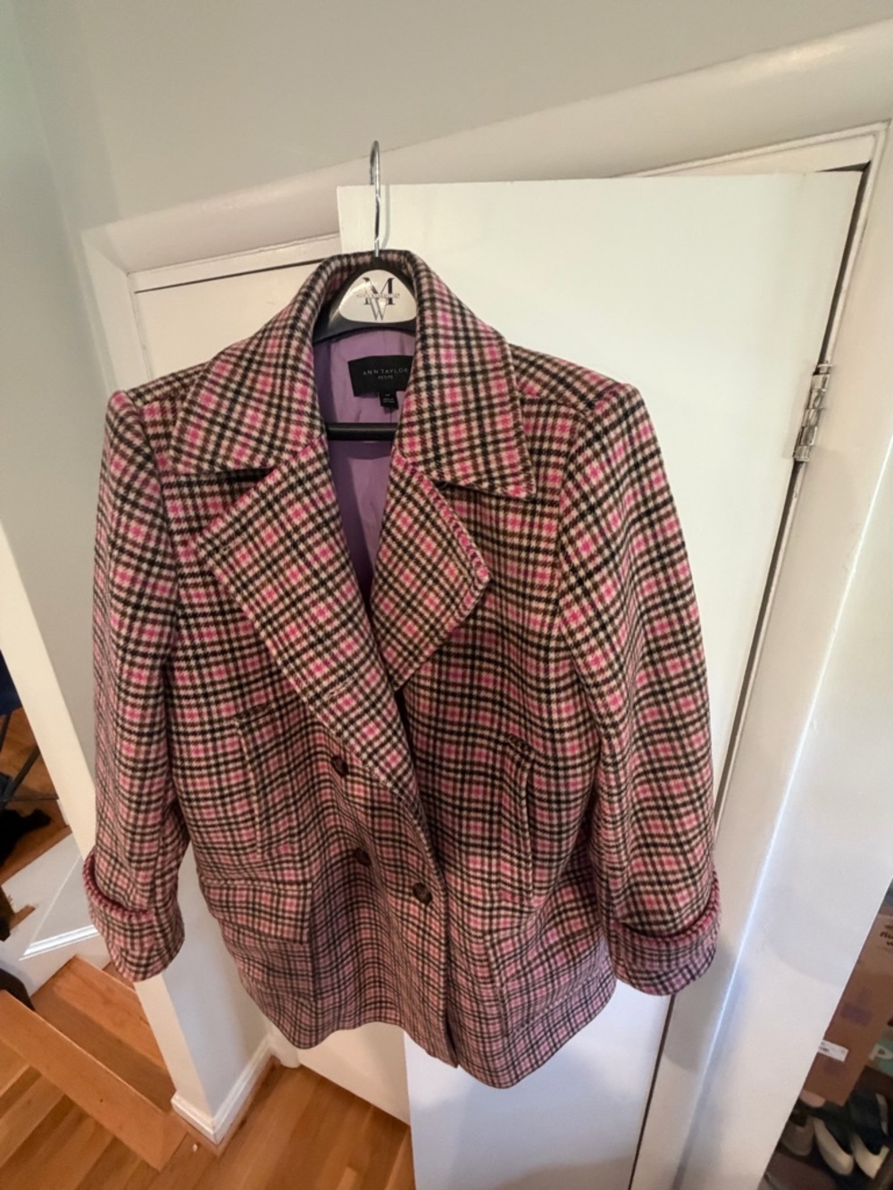 Ann Taylor Pink and Black Plaid Peacoat